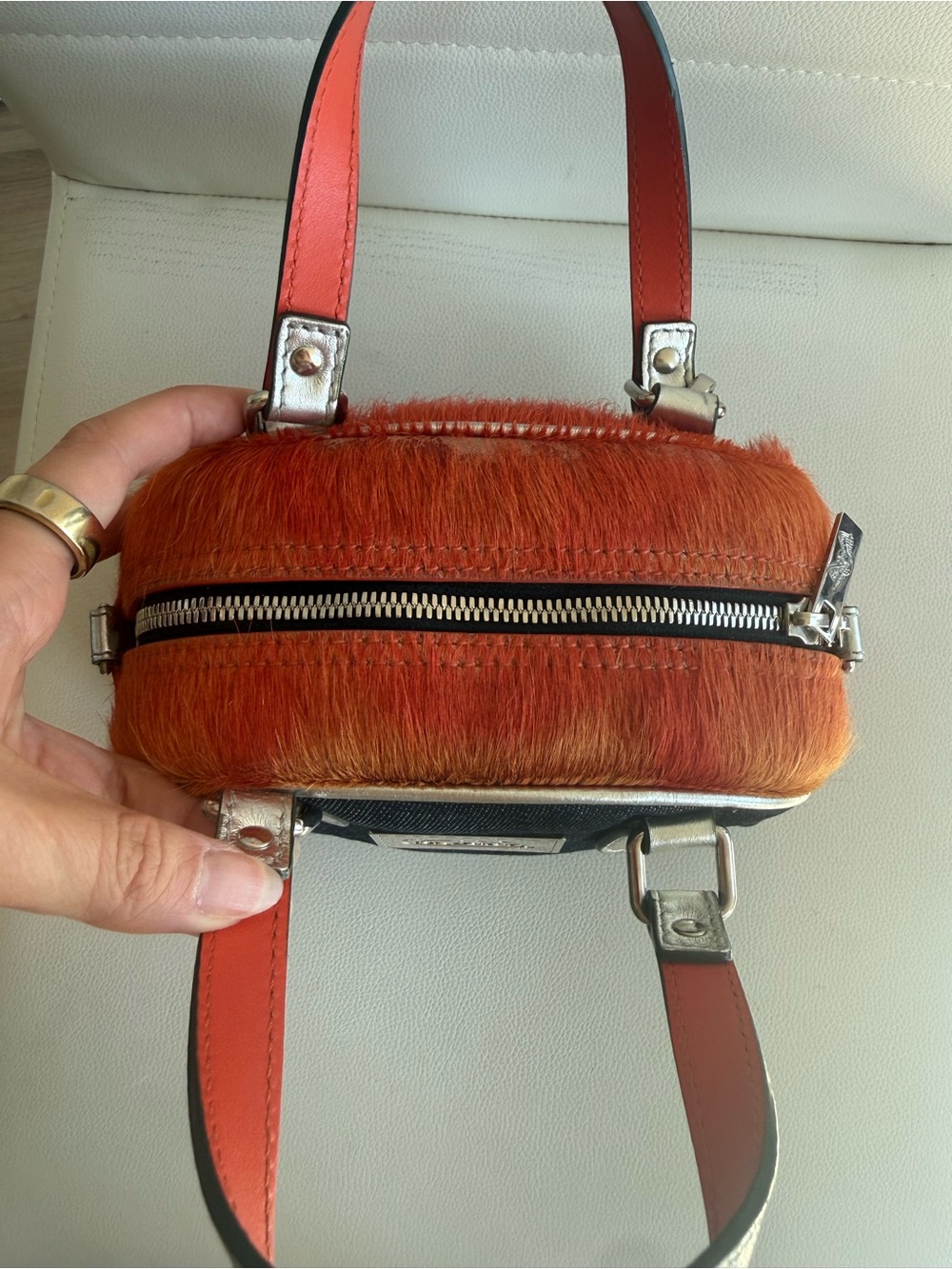 Von Dutch Real Pony Hair Paris Orange Leather Bowling Bag RARE - Picture 7 of 10